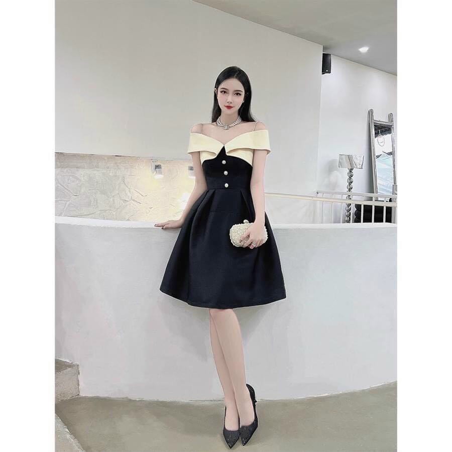 [3.3 Sales Freeship] Đầm tiểu thư nữ, đầm đen xòe chất tapda trễ vai dây phối màu trắng đính nút ôm eo đi tiệc quyến rũ