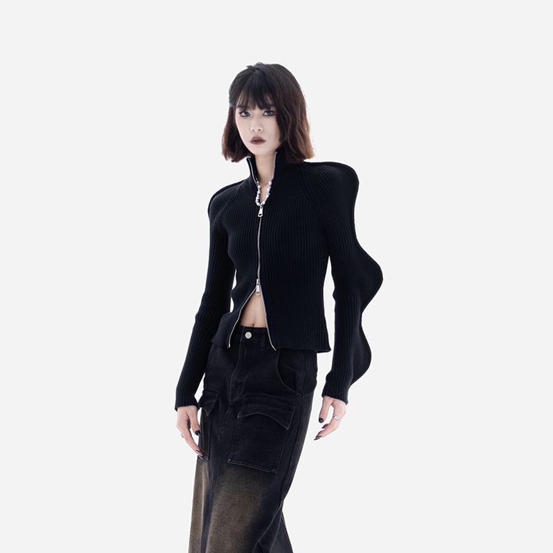 Fine Studio Áo Sweater Dệt Kim Dáng Ôm Có Khóa Kéo Gợn Sóng Nước Phong Cách Mới Thu Đông Đơn Giản Dễ Phối Đồ