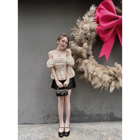 [ 𝐅𝐑𝐄𝐄 𝐒𝐇𝐈𝐏 ] Set áo trễ vai hoa ly ngực mix cv siêu xinh Áo hoa xốp QC cao cấp chuẩn mẫu , tay bồng 2 lớp, chun lưng dễ