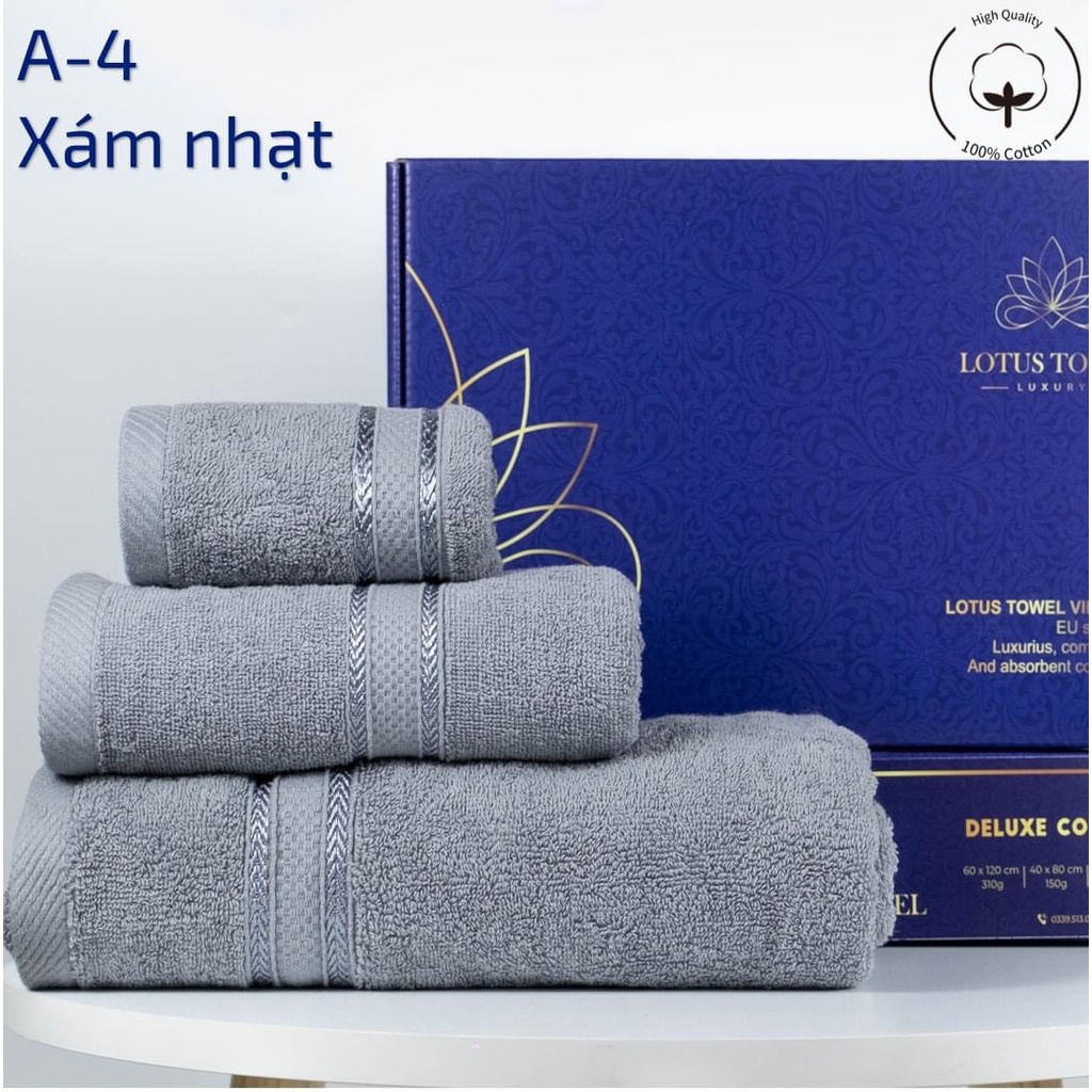 Combo gồm 3 Khăn: Khăn tắm, Khăn gội, Khăn mặt Lotus Towel xuất Cotton mềm mại, thấm hút, kháng khuẩ