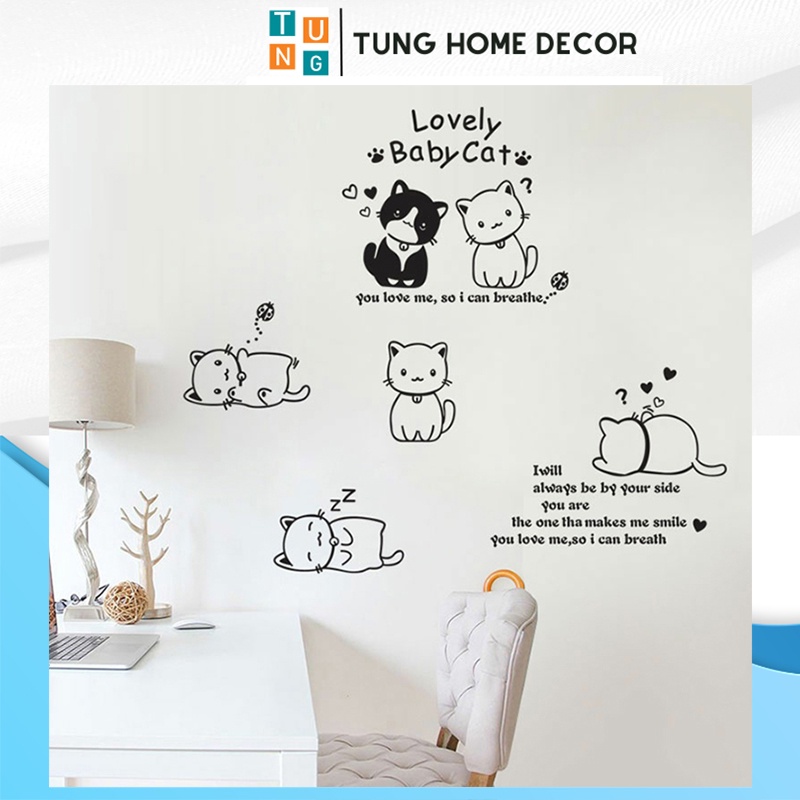 Decal dán tường hàn quốc trang trí phòng ngủ TUNG DECOR AY9048 Mèo Baby Cat