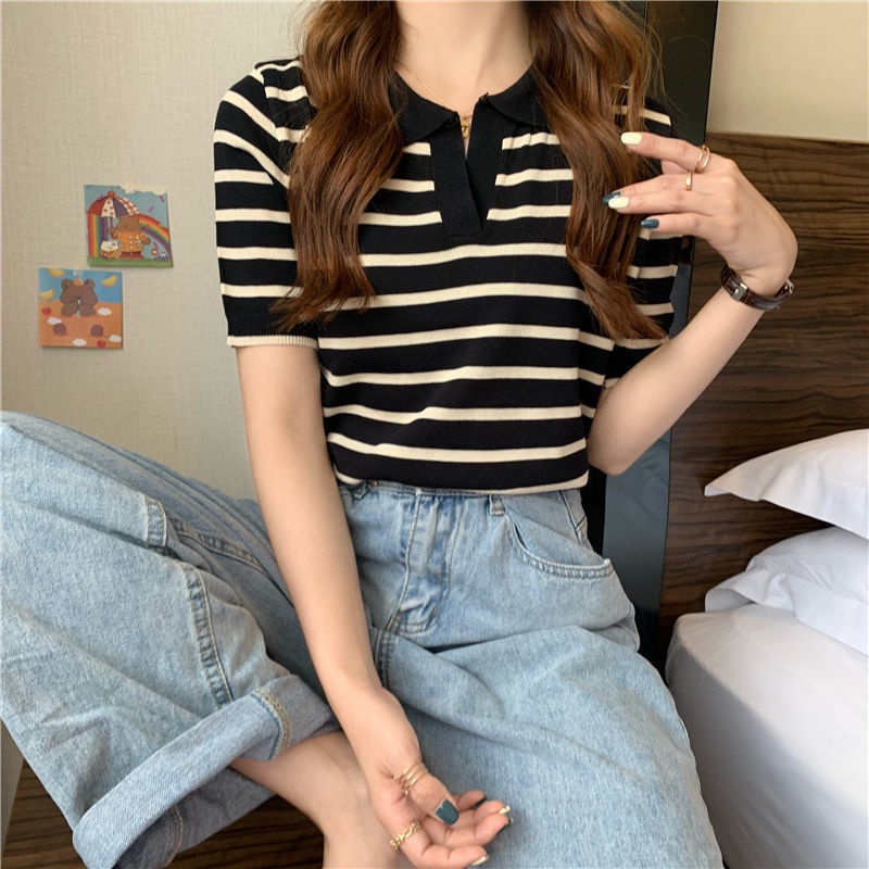 Áo Thun POLO Ngắn Tay Họa Tiết Sọc Ngang Thời Trang Dành Cho Nữ