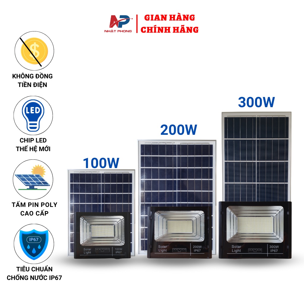 Đèn pha năng lượng mặt trời Nhật Phong Solar 100W,200W,300W vỏ nhôm,điều khiển,đèn báo pin,dây dài 5M ,BH 2 năm
