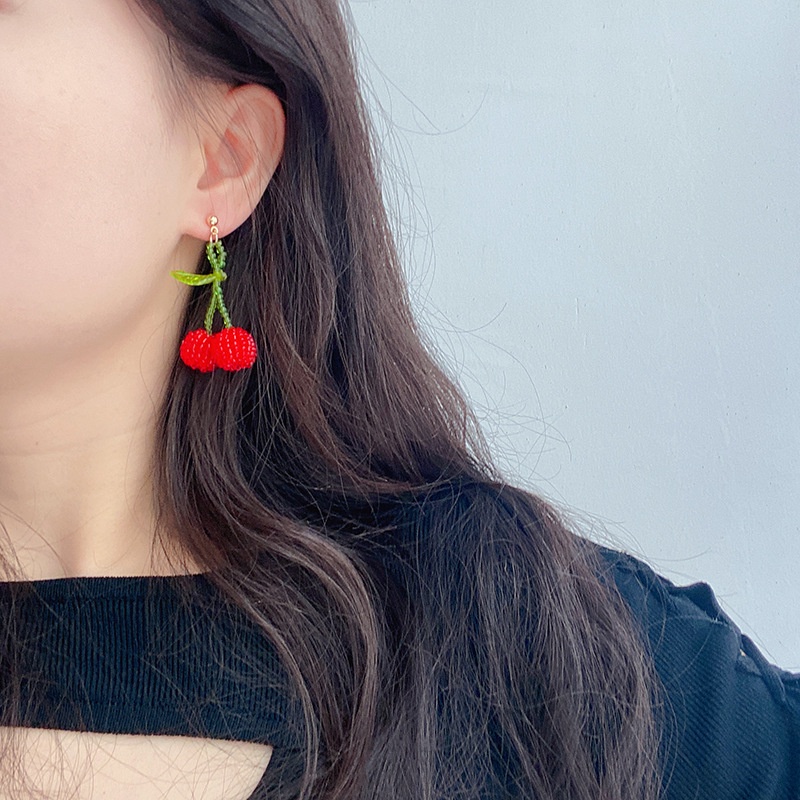 Khuyên Tai Đính Hạt Pha Lê Đỏ Cherry Phong Cách Nhật Hàn Mới Mùa Hè