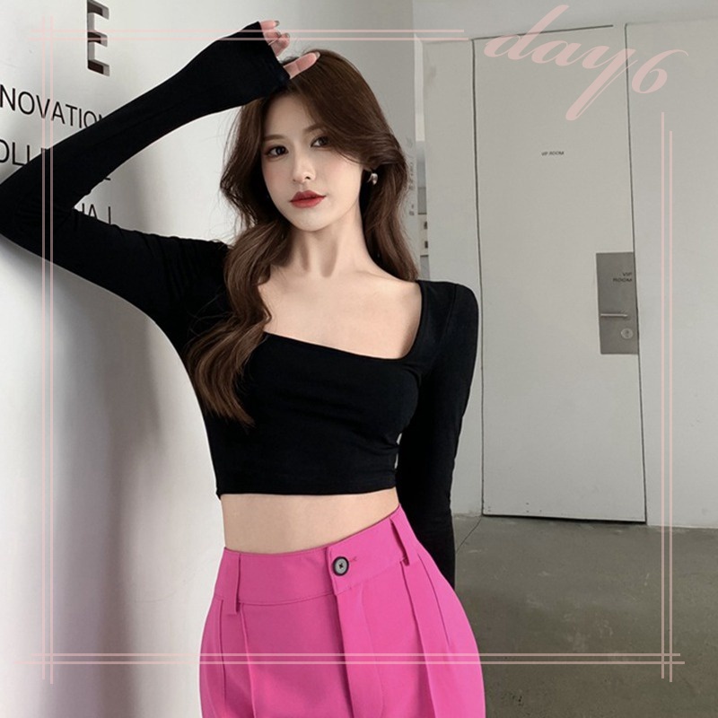 Áo Thun Nữ Dài Tay Cổ Vuông Hở Lưng Màu Sắc Thời Trang