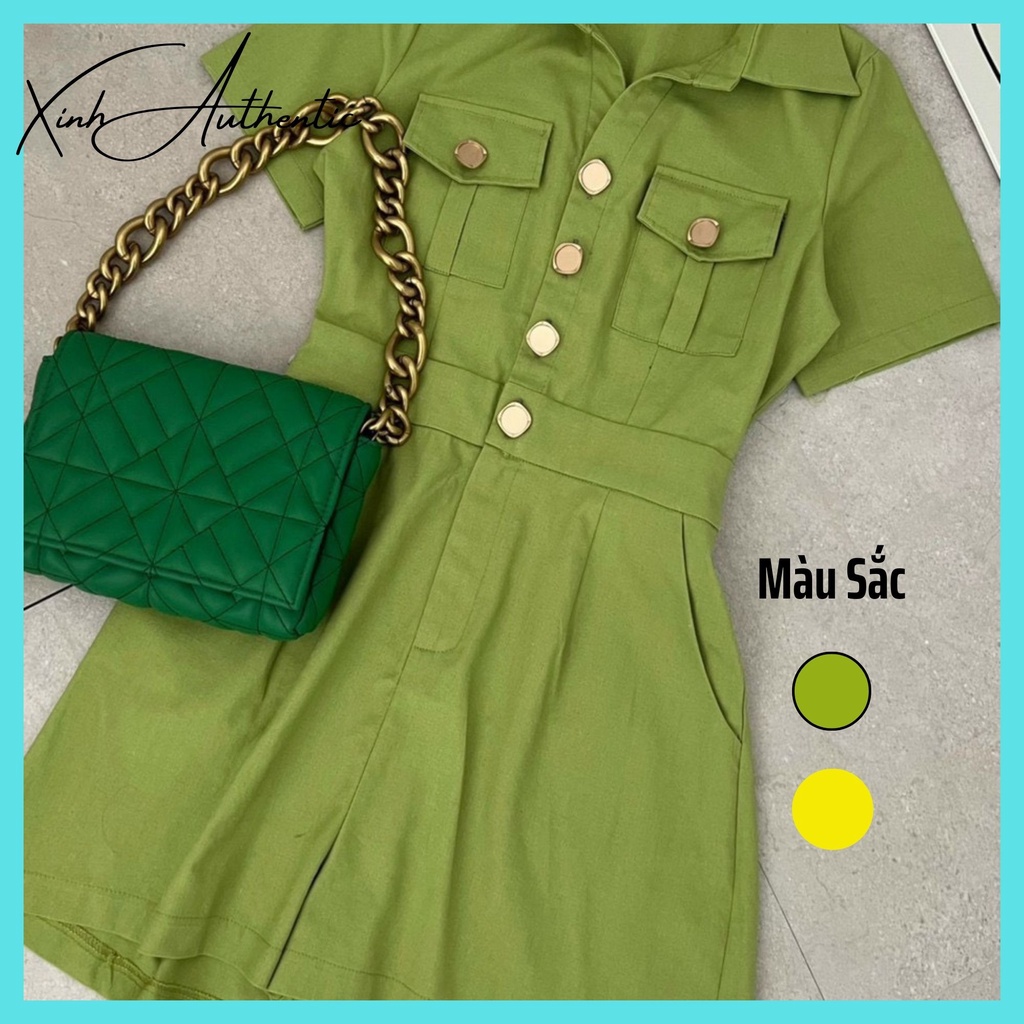 Jumpsuit Nữ Ngắn Chất Vải Linen Cúc Vàng Sang Trọng
