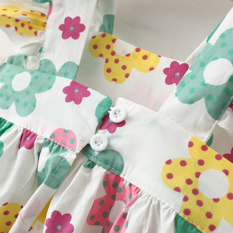 Đầm Cổ Vuông Họa Tiết Hoa Mùa Hè Phong Cách Đồng Quê Mới + Mũ Cho Bé Gái 0-3 Tuổi