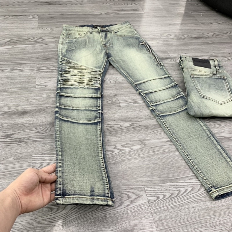 Quần Jean Xanh Nam Phối Đùi Vải Nhăn Khoá Zip