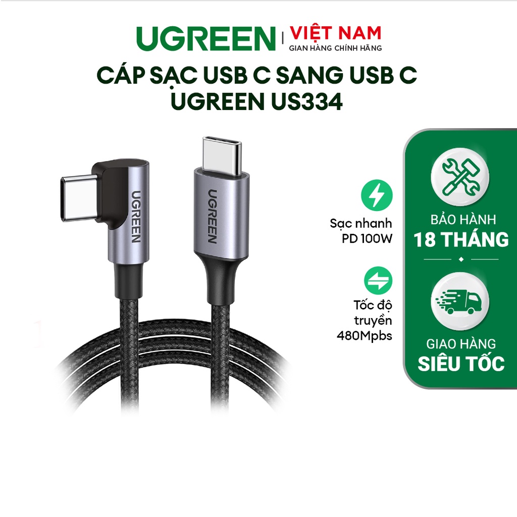 Cáp sạc USB C sang USB C Ugreen US334 góc vuông 90 độ vỏ bện | Sạc nhanh 100W PD 4.0 | Tốc độ truyền 480Mbps | Bảo Hành