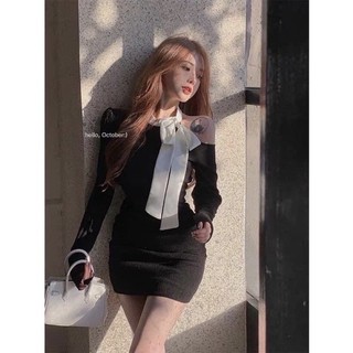 ĐẦM KIỂU ĐEN PHỐI NƠ HỞ VAI DPN1
