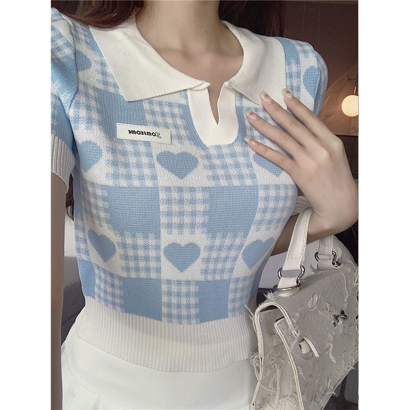 Áo polo COZOKC dệt kim tay ngắn in hình trái tim dễ thương
