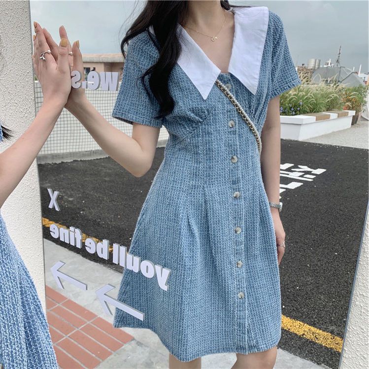 Đầm Denim Ngắn Tay Cổ Búp Bê Họa Tiết Kẻ Sọc Phong Cách Pháp Thời Trang Mùa Hè Cho Nữ