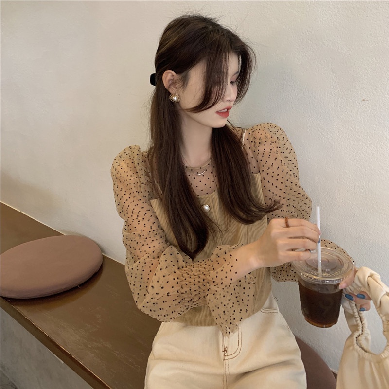 IELGY  Áo Kiểu Tay Phồng Phối Lưới Thời Trang Cho Nữ