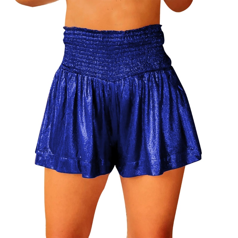 Xiangbao Quần Short Baggy Lưng Cao Dáng Rộng Co Giãn Màu Trơn Viền Bèo Nhún Lấp Lánh Dành Cho Nữ Dự Tiệc Sh