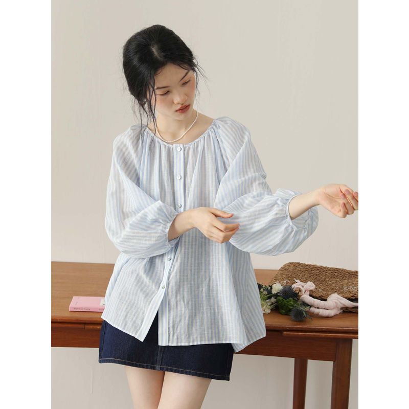 Áo Sơ Mi Tay Phồng Chống Nắng Dáng Rộng Họa Tiết Kẻ Sọc Màu Xanh Dương Phong Cách Hàn Quốc Thời Trang Xuân Hè Cho Nữ