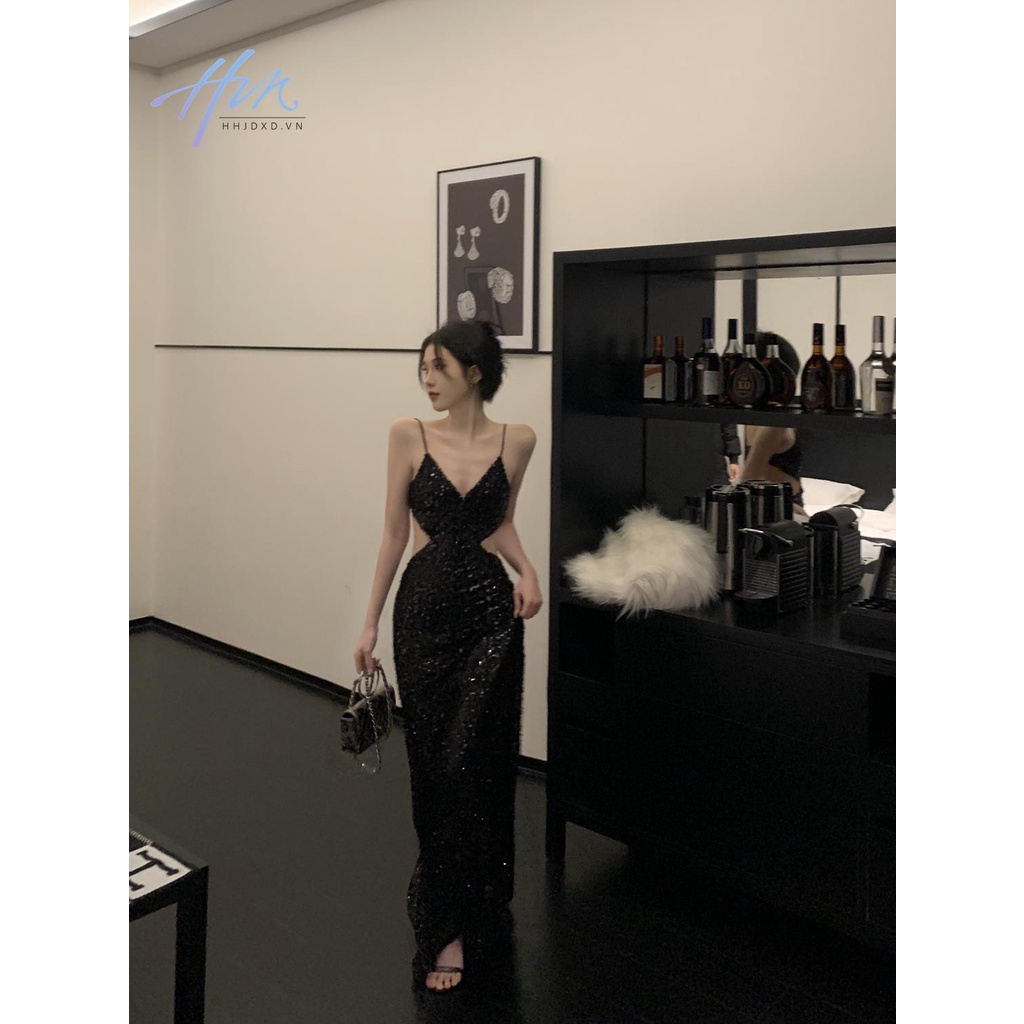 Hhjdxd Đầm Hai Dây Dáng Dài Đính Kim Sa Màu Đen Thời Trang Mùa Xuân Quyến Rũ Cho Nữ