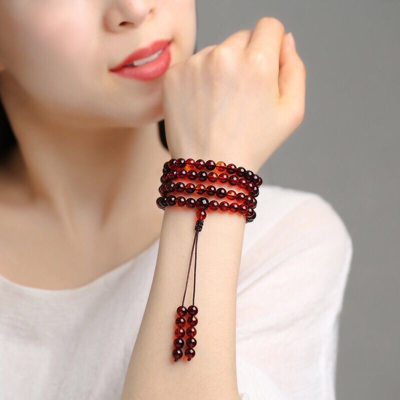 Tự nhiên Myanmar huyết mạch hổ phách 108 hạt sáp ong nhiều vòng Vòng tay hạt tròn nam nữ Vòng cổ hổ phách