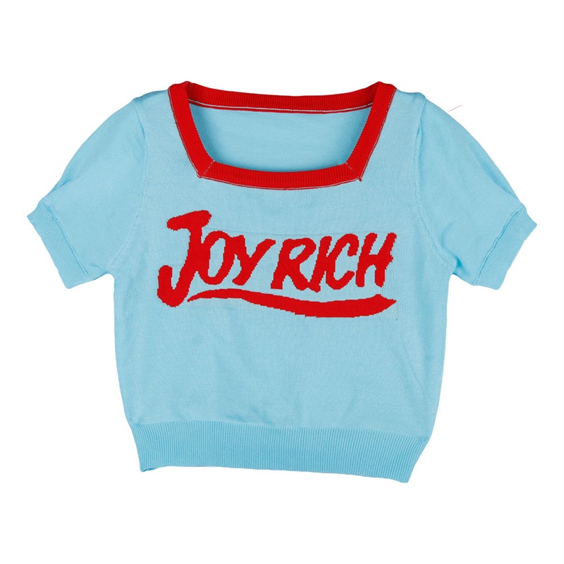 Áo Thun Dệt Kim Cổ Vuông In Chữ Màu Tương Phản Kiểu Hàn Quốc Thời Trang Mùa