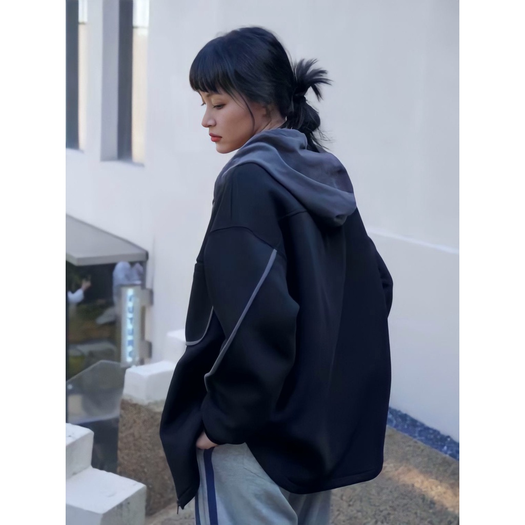 Áo Khoác Nỉ Bóng Unisex Mũ Phối Màu Túi Trước Dáng Thụng QM|SU