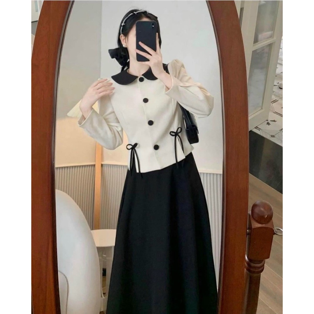 Set chân váy kèm áo tay dài phối bèo cổ cài nút thật siêu xinh dành cho các nàng yêu đi chơi, dự tiệc, thời trang nữ