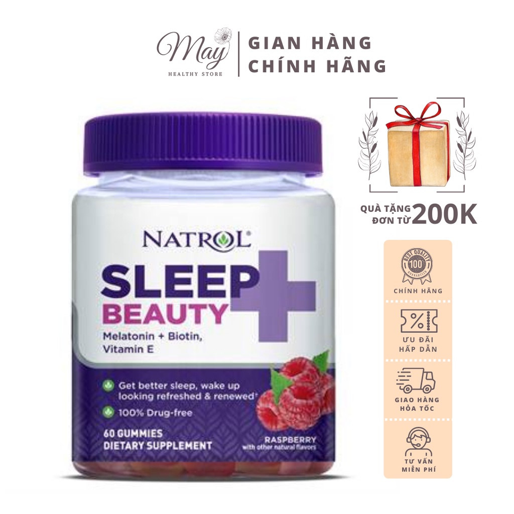 Kẹo Dẻo Cải Thiện Giấc Ngủ, Chăm Sóc Da, Tóc, Móng Natrol Sleep + Beauty Gummy Raspberry (Lọ 60 Viên)