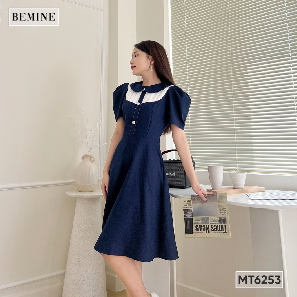 Đầm cổ sen phối ngực đính nút BEMINE MT6253