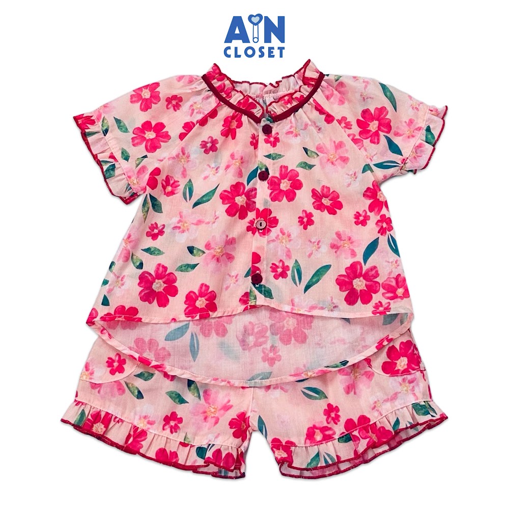 Bộ quần áo ngắn bé gái họa tiết hoa Chăm Pa Hồng cotton boi - AICDBGHPYWWM - AIN Closet
