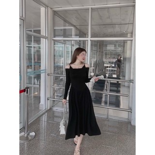 ĐẦM MIDI ĐEN 2S RỚT VAI CHẤT LÊN ĐỨNG FORM
