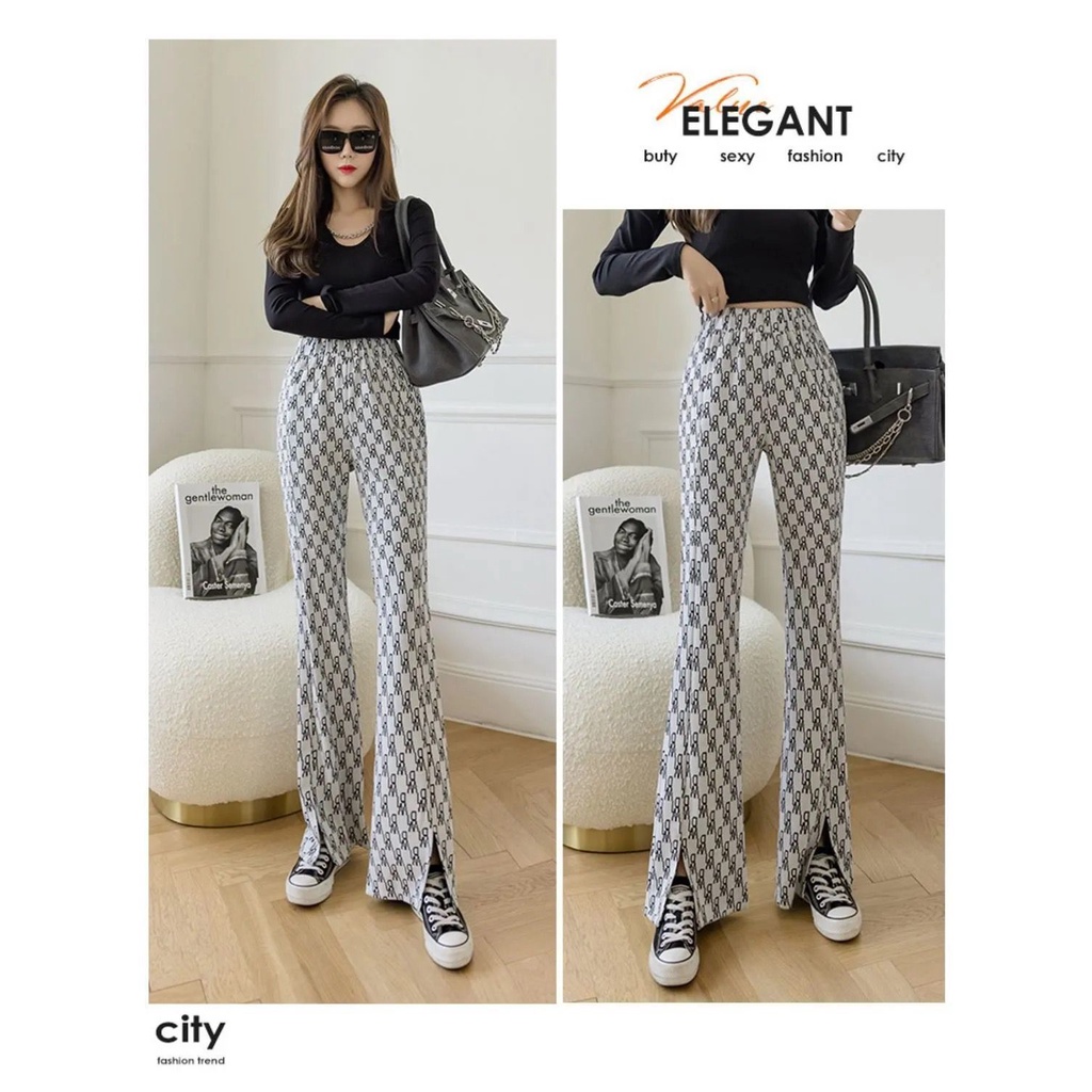 Quần Dài Lưng Cao Ống Rộng Xẻ Tà Vải Lụa Lạnh In Chữ Thời Trang Xuân Hè Cho Nữ