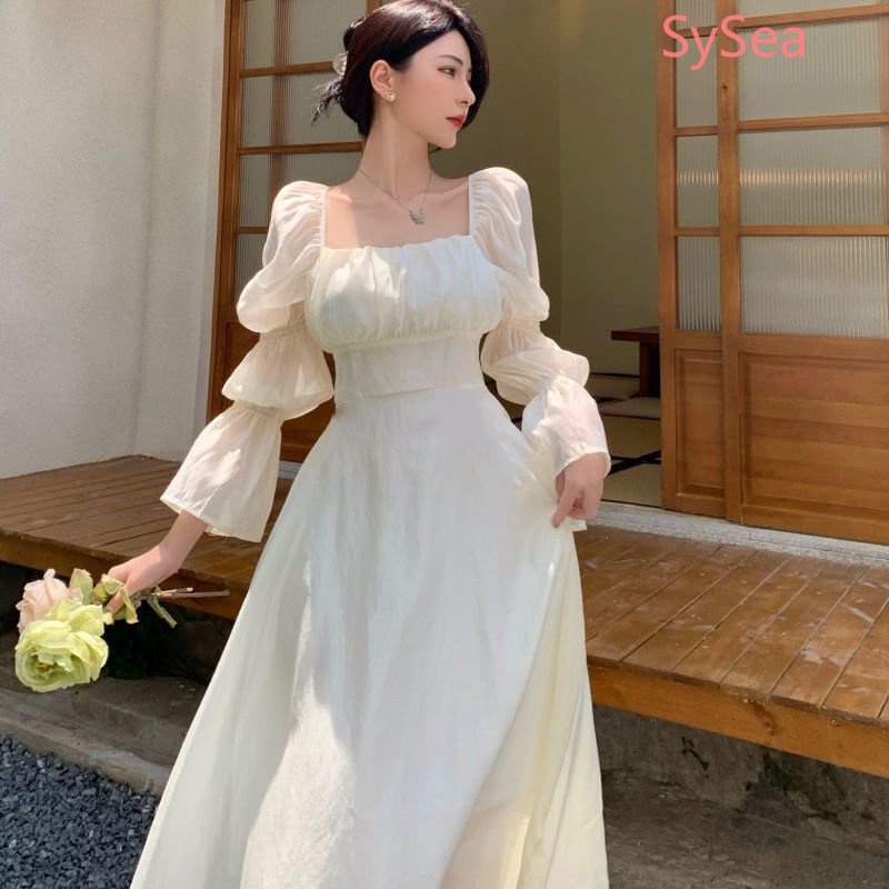 Đầm Tay Phồng Cổ Vuông Hở Lưng Thời Trang Mùa Hè Pháp Cho Nữ