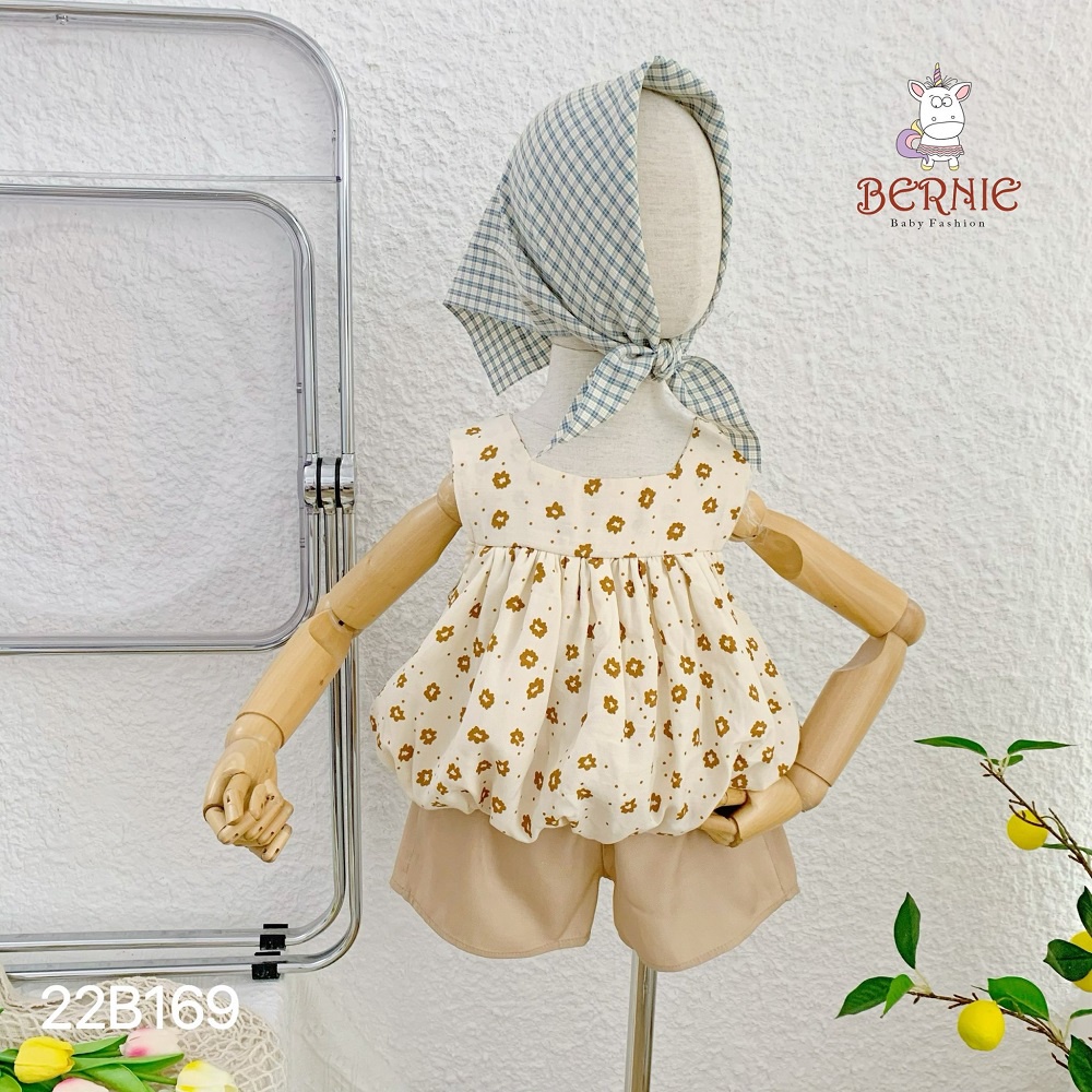 Set bộ đi chơi bé gái BERNIE hoa nhí áo phồng màu vàng hồng be đỏ bé đi chơi đi biển bé 9 đến 24kg