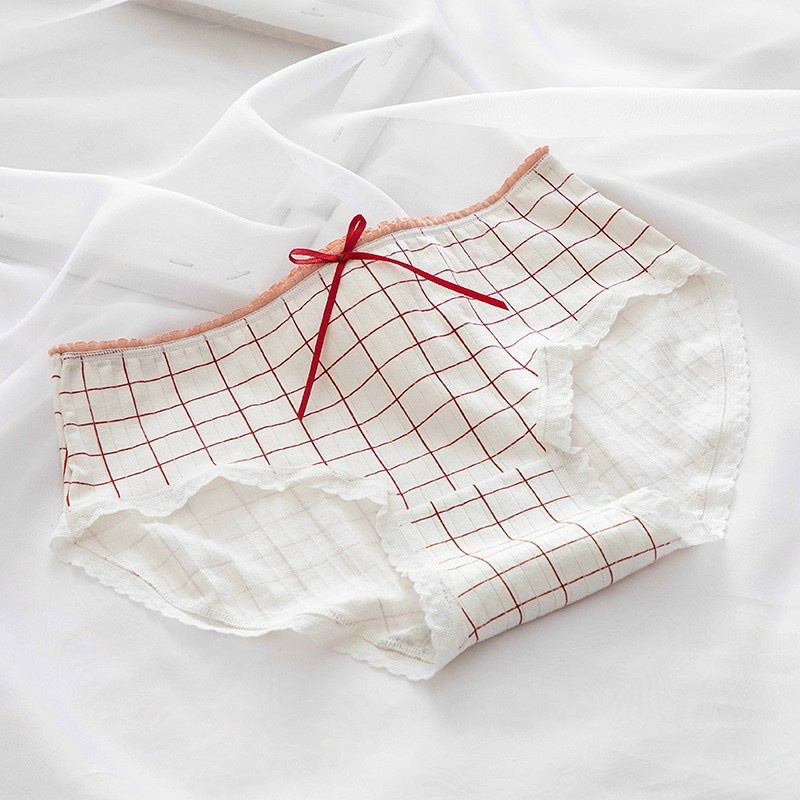 Quần Lót Cotton Tăm Viền Ren Phối Nơ Tông Trắng Đỏ