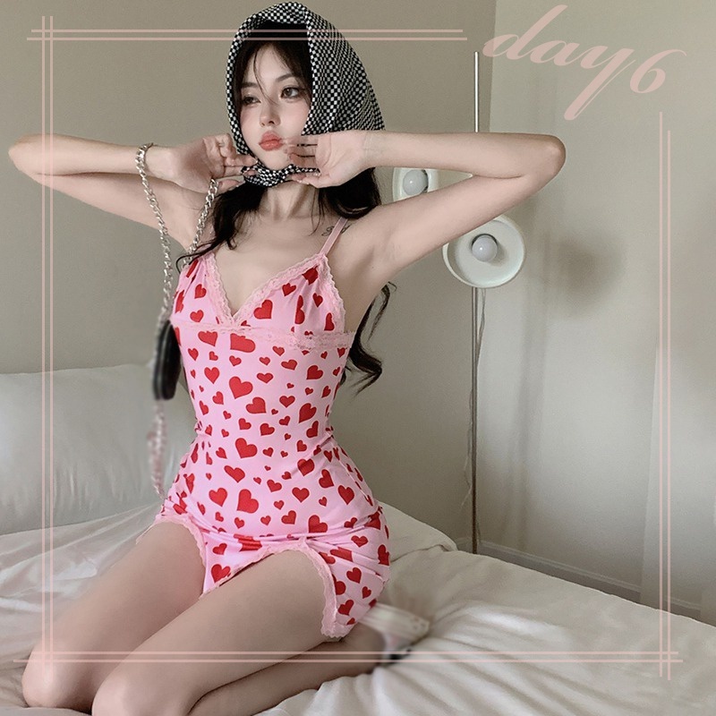 Đầm Hai Dây Phối Ren Hở Lưng Họa Tiết Trái Tim Phong Cách Hàn Quốc Quyến Rũ Cho Nữ