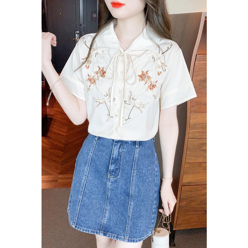 Áo Sơ Mi Chiffon Tay Ngắn Ống Loe Cổ Búp Bê Thời Trang Mùa Hè Phong Cách Mới