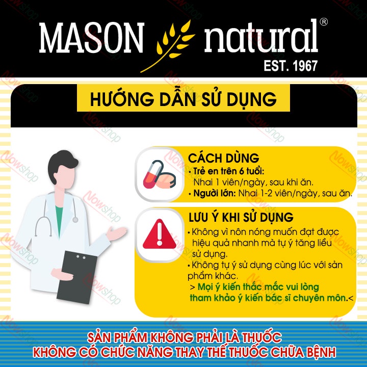 Viên nhai Mason Natural Calcium 600mg + D3 bổ sung canxi và vitamin hỗ trợ xương chắc khoẻ tăng chiều cao. Hộp 100 viên