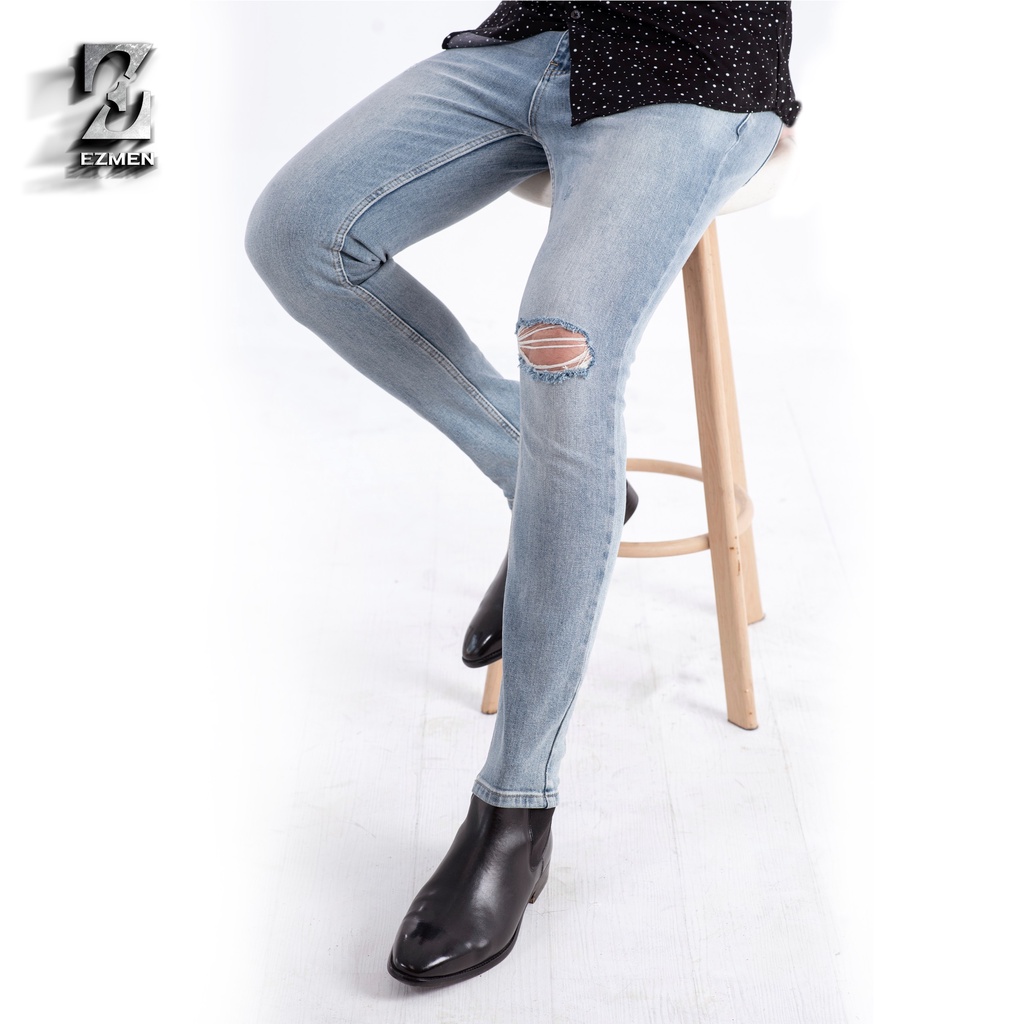Quần jean EZMEN skinny xanh nhạt rách cao cấp,Co giản.Ripped light blue skinny jeans.JX02