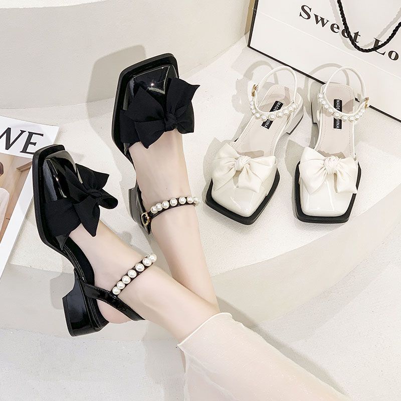 Xăng đan Cao Gót Dày Đính Nơ Ngọc Trai Thời Trang Mùa Hè Hàn Quốc Mới 2022