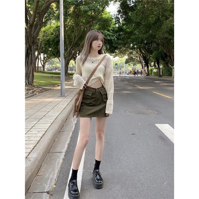 Chân váy denim ngắn lưng cao, váy kaki thời trang trẻ trung cho nữ Chouchou07