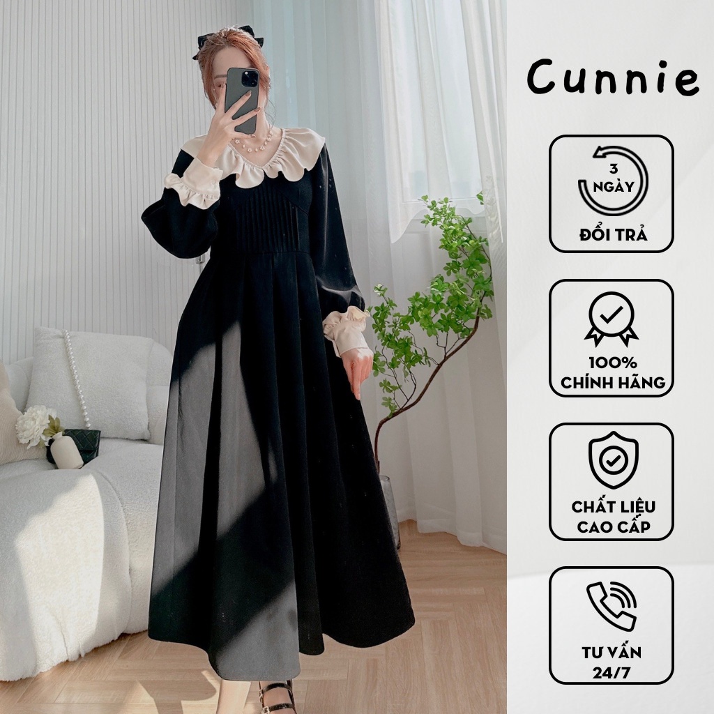 Váy tuyết mưa dáng dài cổ bèo C05 CUNNIE chất liệu tuyết mưa màu đen phù hợp đi chơi, đi làm, công sở