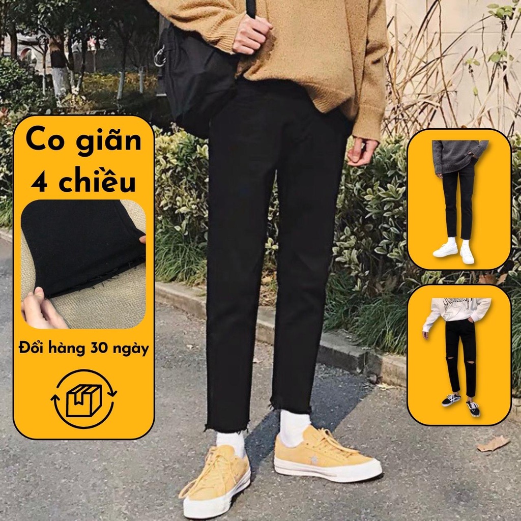 [Tiền Nào Của Đấy]Quần Jean Nam Đen Trơn Vải Co Giãn, Không Phai Màu Dáng Skinny Phong Cách Hàn Quốc