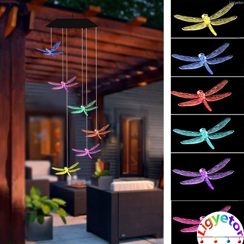 Chuông Gió Hình Chuồn Chuồn Có Đèn LED Thay Đổi Màu Sắc Trang Trí Sân Vườn