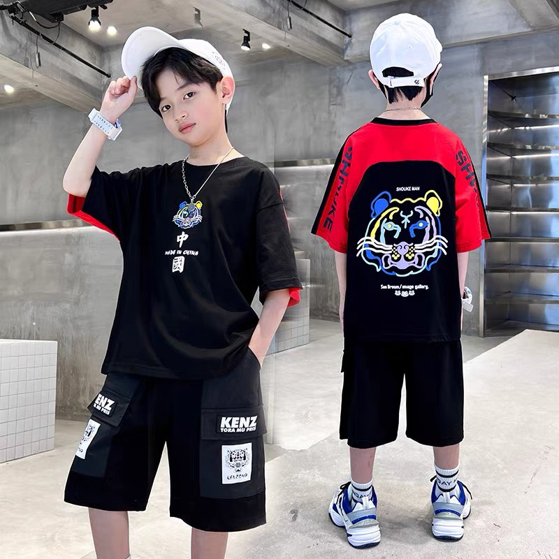 Bộ quần áo thun hè " Hình - Hổ" 14-48kg cho bé trai 4-14 tuổi. Năng động, phong cách. Hàng may kỹ. B56