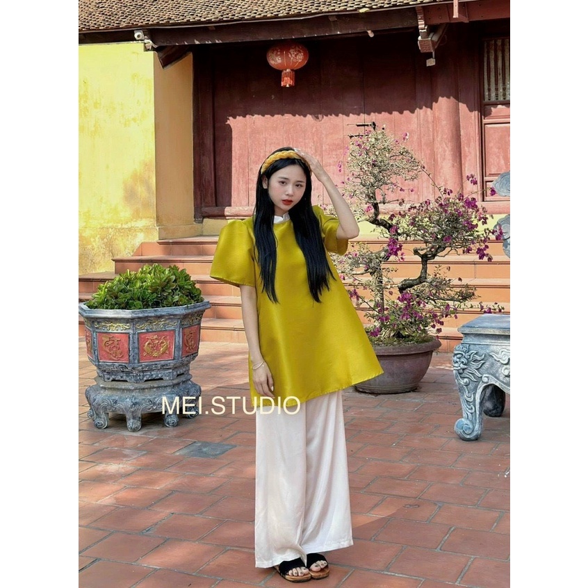 Sét Tiểu Thư Nữ Phong Cách HÀN QUỐC, Áo Nữ Cổ Tròn Tay Phồng Phối Quần Suông Trắng Thiết Kế Phối Màu Siêu Sang