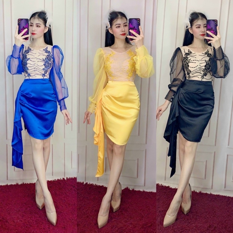 ĐẦM BODY TAY PHỒNG KẾT HOA PHA LÊ