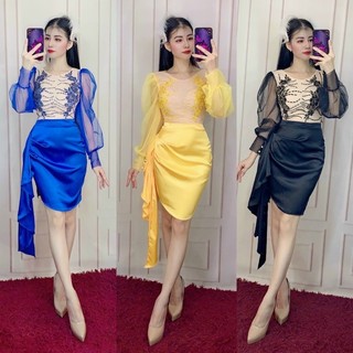 ĐẦM BODY TAY PHỒNG KẾT HOA PHA LÊ