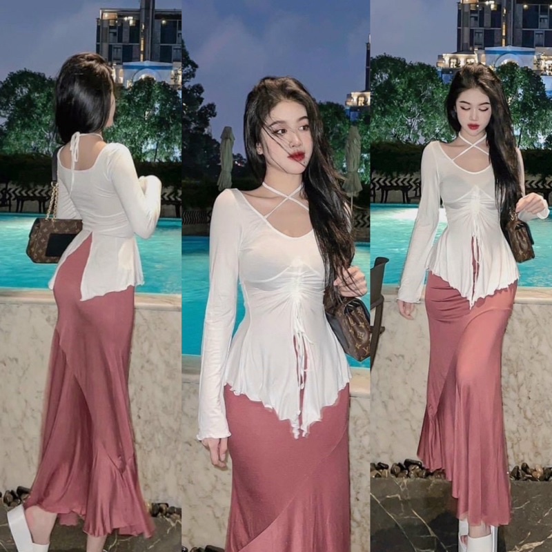Áo thun đuôi cá rút dây body nữ rút eo kiểu tay loe dây chéo cổ chất thun gân