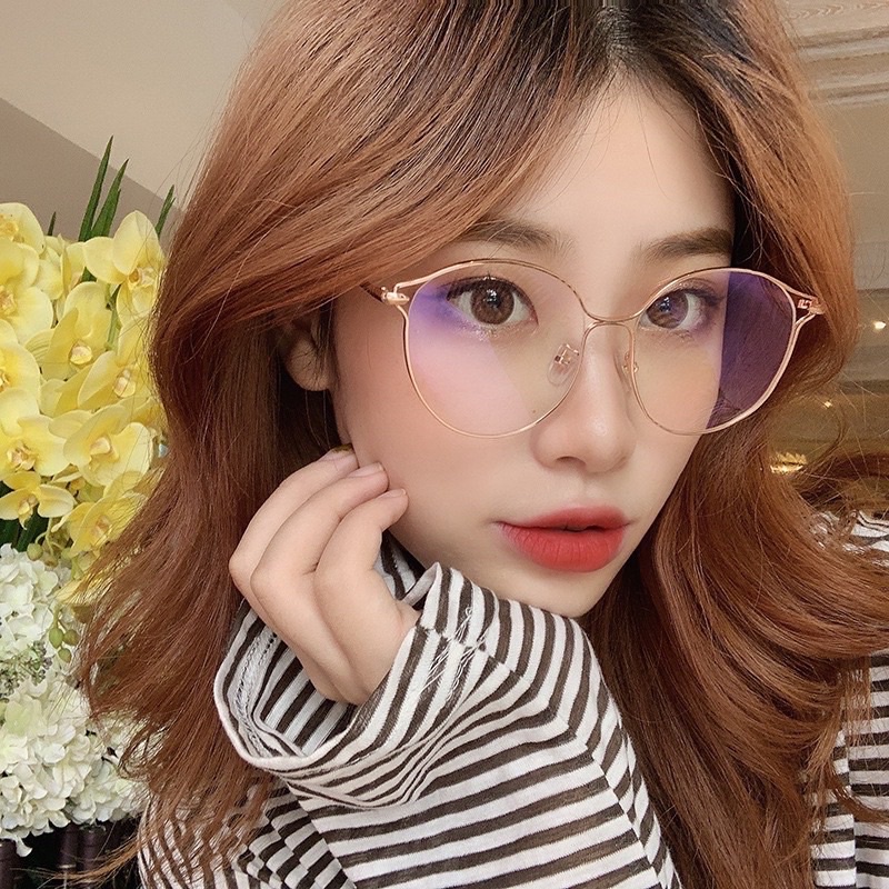 Gọng kính kim loại cao cấp dáng bầu tai mèo oversize 72836 tròng ánh sáng xanh