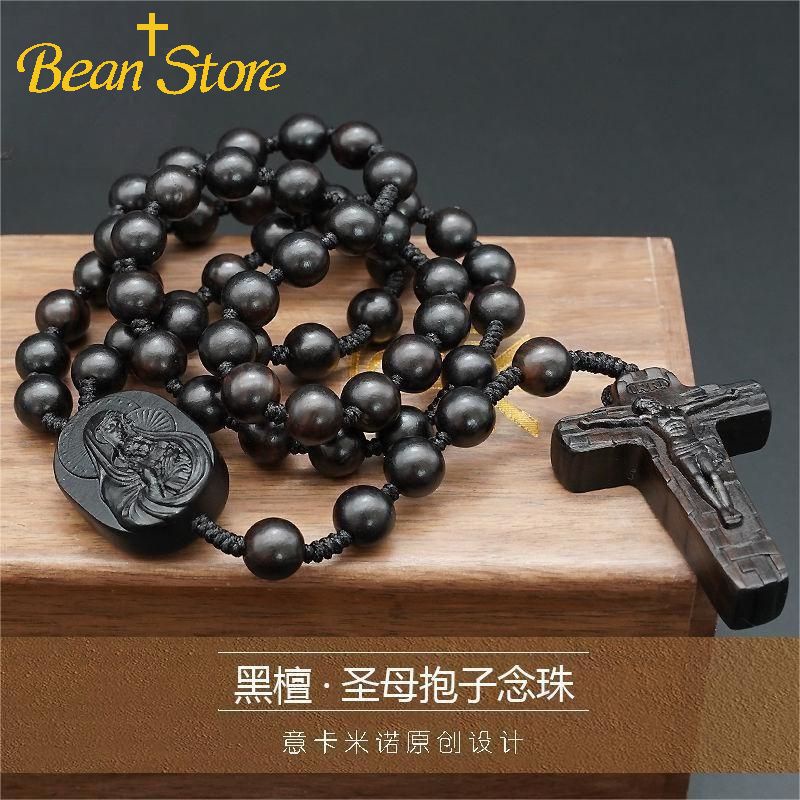 Chuỗi tràng hạt Vòng Đeo Tay Handmade Bằng Gỗ Mun Họa Tiết Hạt Đậu Hoa Hồng Rosary Nhập Khẩu Ý