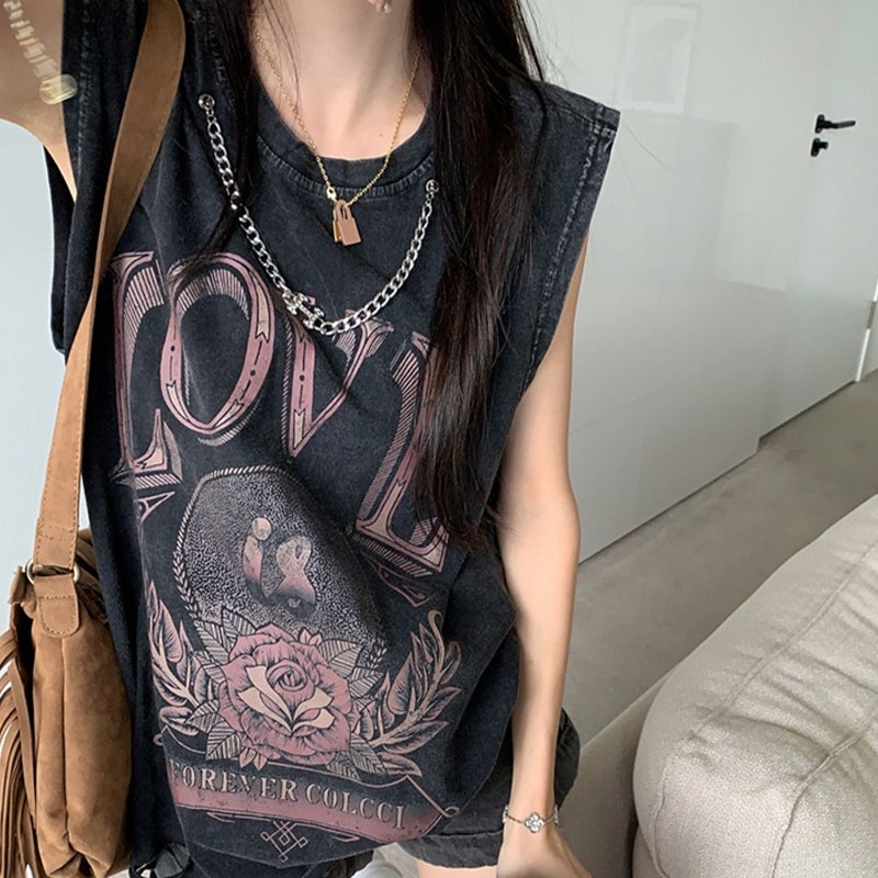 Áo thun XINLANYASHE không tay dáng rộng in họa tiết cổ điển phong cách Hàn Quốc thời trang 2023 cho nữ