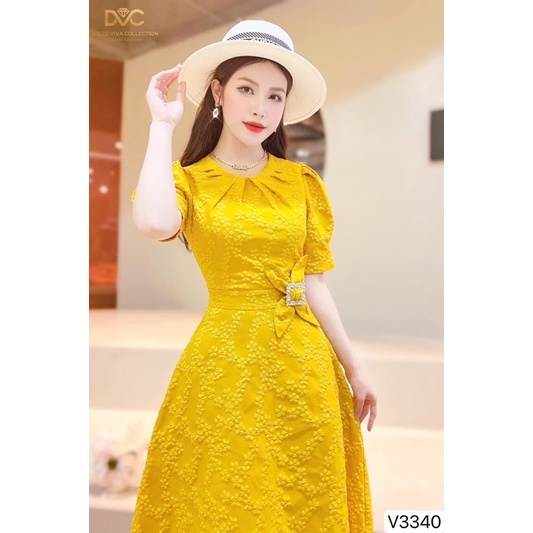 V3340 váy xoè hoa màu vàng